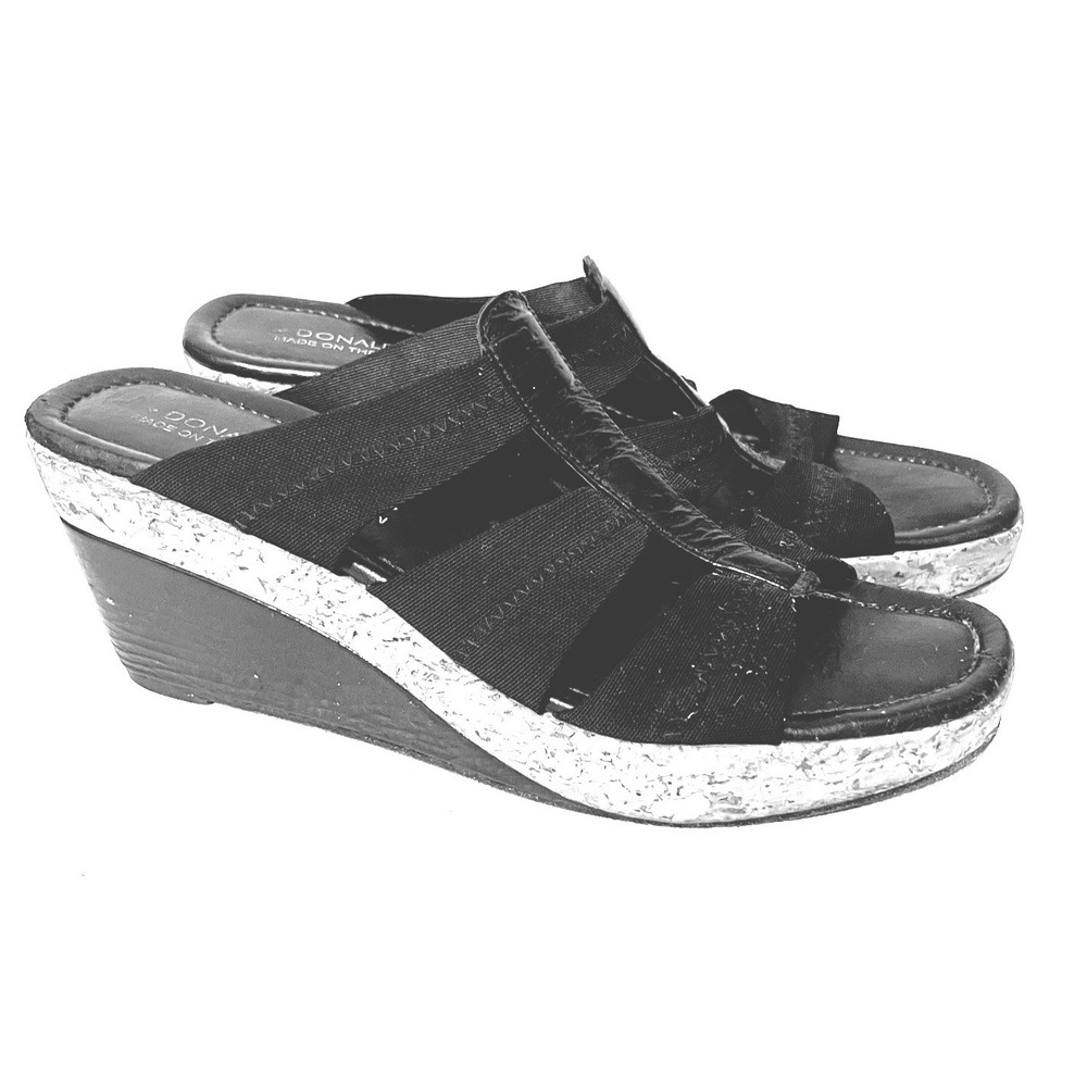 Donald J Pliner Black Elastic Patent Leather Cork Wedge Sandals Slides Y2K